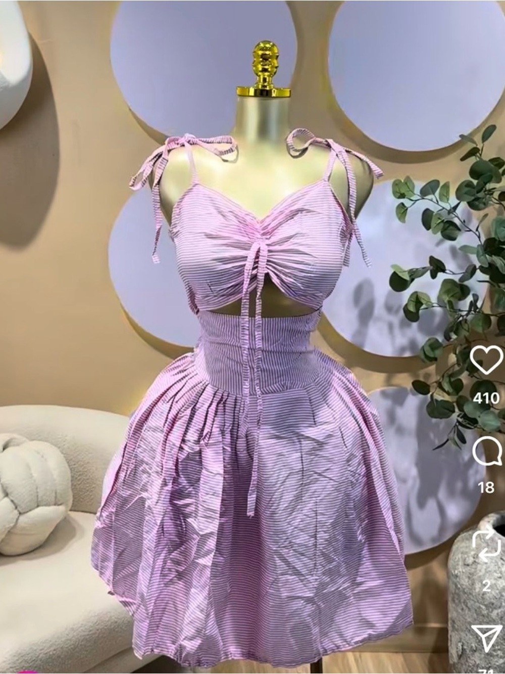 Pink Tie-Shoulder Ruched Crop Top & Skirt Set